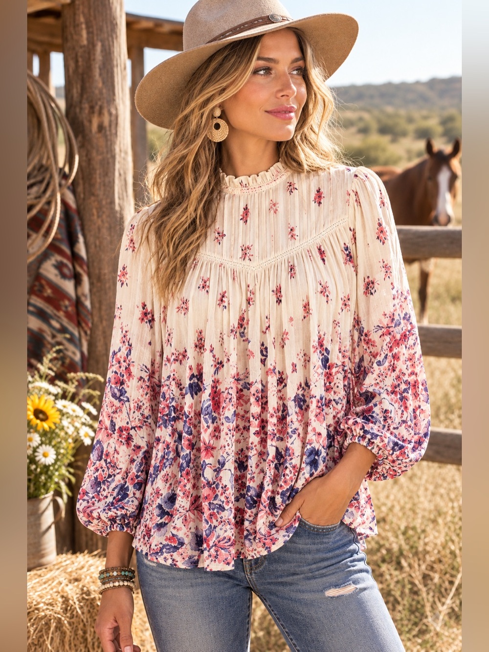 3/$30 Lucky Brand Floral Boho Mock Neck Top